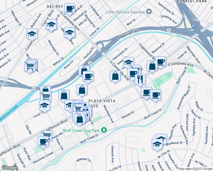 map of restaurants, bars, coffee shops, grocery stores, and more near 5519 Grosvenor Boulevard in Los Angeles