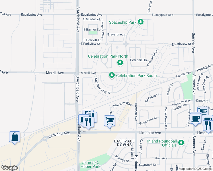 map of restaurants, bars, coffee shops, grocery stores, and more near 5061 South Centennial Circle in Ontario
