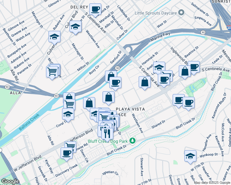 map of restaurants, bars, coffee shops, grocery stores, and more near 12575 Beatrice Street in Los Angeles