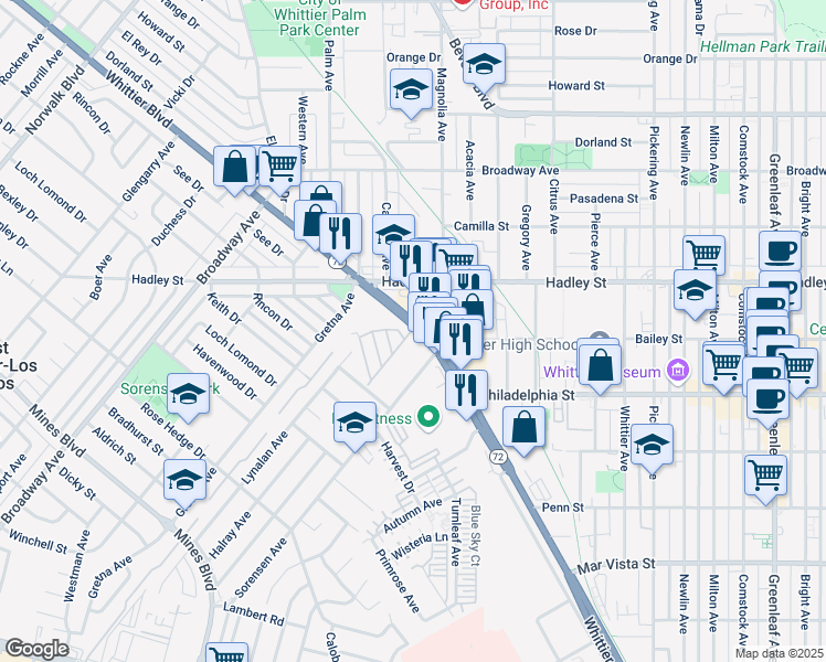 map of restaurants, bars, coffee shops, grocery stores, and more near 11760 Whittier Boulevard in Whittier