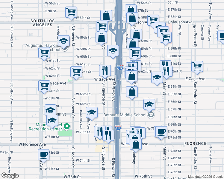 map of restaurants, bars, coffee shops, grocery stores, and more near 430 West 64th Street in Los Angeles