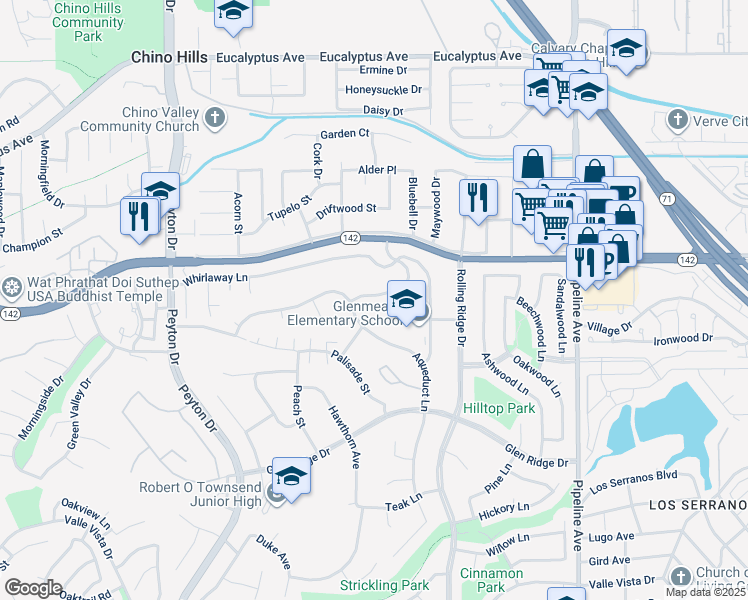 map of restaurants, bars, coffee shops, grocery stores, and more near 3567 Terrace Drive in Chino Hills