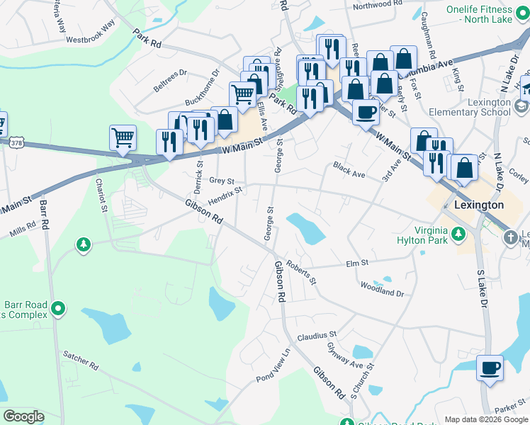 map of restaurants, bars, coffee shops, grocery stores, and more near 400 George Street in Lexington