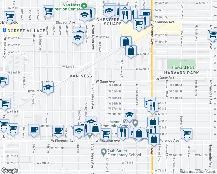 map of restaurants, bars, coffee shops, grocery stores, and more near 2060 West 64th Street in Los Angeles