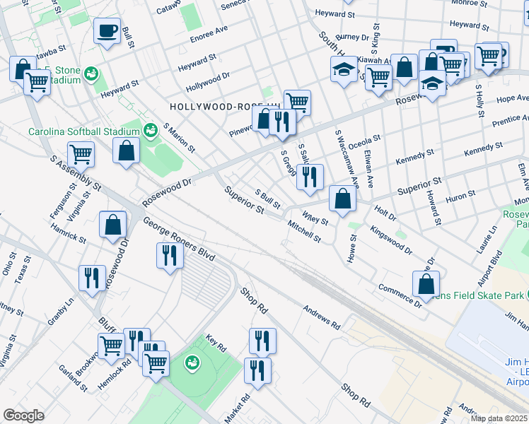 map of restaurants, bars, coffee shops, grocery stores, and more near 632 Superior Street in Columbia