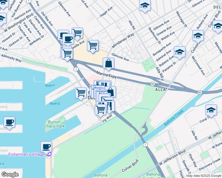 map of restaurants, bars, coffee shops, grocery stores, and more near 4727 La Villa Marina in Marina del Rey