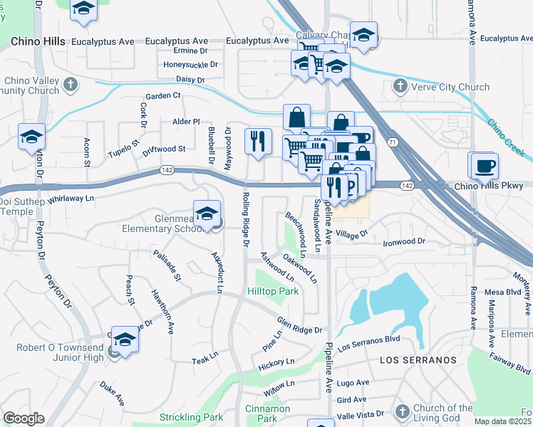 map of restaurants, bars, coffee shops, grocery stores, and more near 14971 Ashwood Lane in Chino Hills