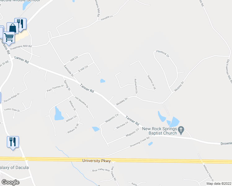 map of restaurants, bars, coffee shops, grocery stores, and more near 2860 Laura Lane in Dacula