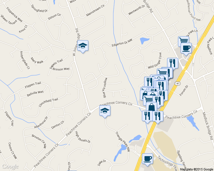 map of restaurants, bars, coffee shops, grocery stores, and more near 4121 Blue Iris Hollow in Norcross