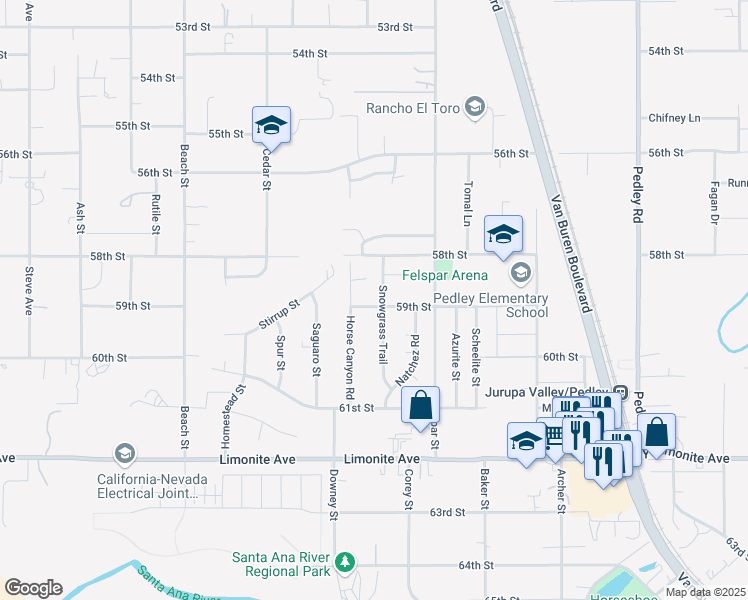 map of restaurants, bars, coffee shops, grocery stores, and more near 5895 Snowgrass Trail in Riverside