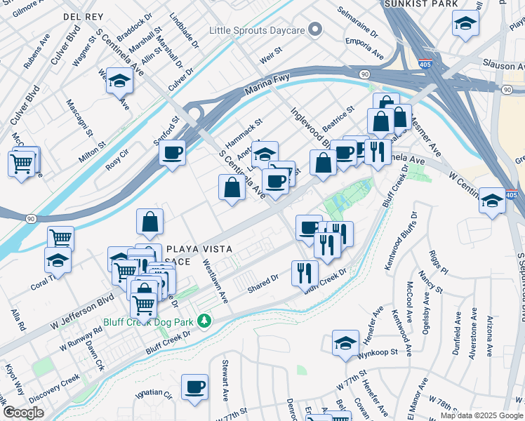 map of restaurants, bars, coffee shops, grocery stores, and more near 12401 West Jefferson Boulevard in Los Angeles