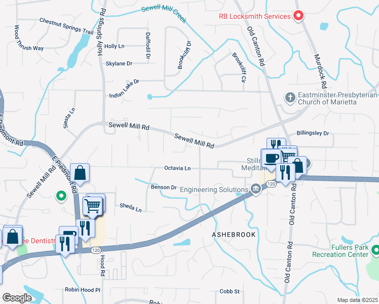 map of restaurants, bars, coffee shops, grocery stores, and more near 1296 Hilton Drive in Marietta