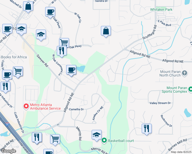 map of restaurants, bars, coffee shops, grocery stores, and more near 1072 Lawanna Drive in Marietta