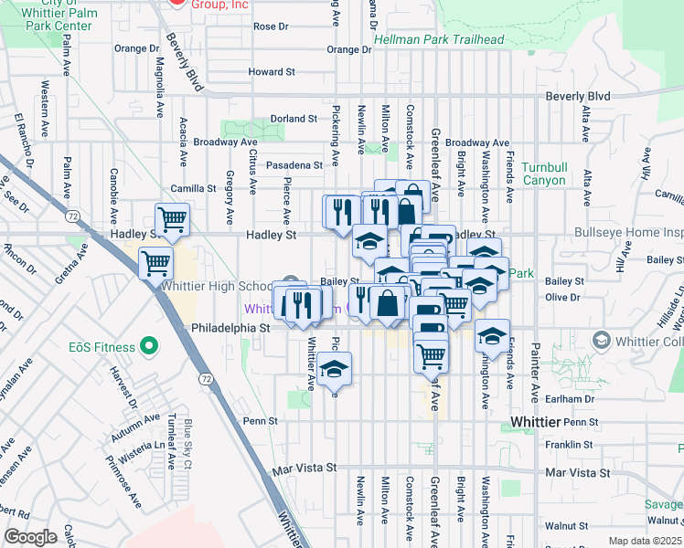 map of restaurants, bars, coffee shops, grocery stores, and more near 6552 Pickering Avenue in Whittier
