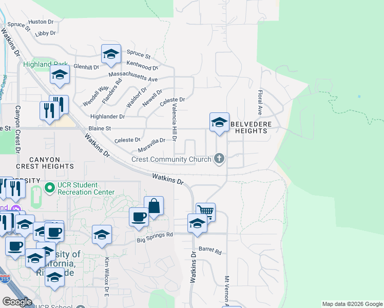 map of restaurants, bars, coffee shops, grocery stores, and more near 3415 Santa Cruz Drive in Riverside