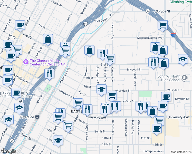 map of restaurants, bars, coffee shops, grocery stores, and more near 3409 Eucalyptus Avenue in Riverside