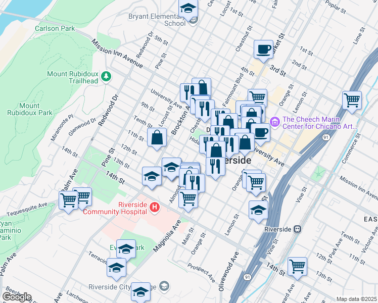 map of restaurants, bars, coffee shops, grocery stores, and more near 4046 Chestnut Street in Riverside