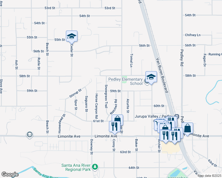 map of restaurants, bars, coffee shops, grocery stores, and more near 9245 59th Street in Riverside