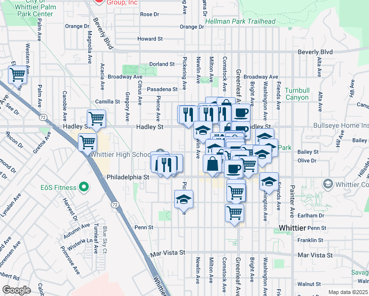 map of restaurants, bars, coffee shops, grocery stores, and more near 12515 Bailey Street in Whittier