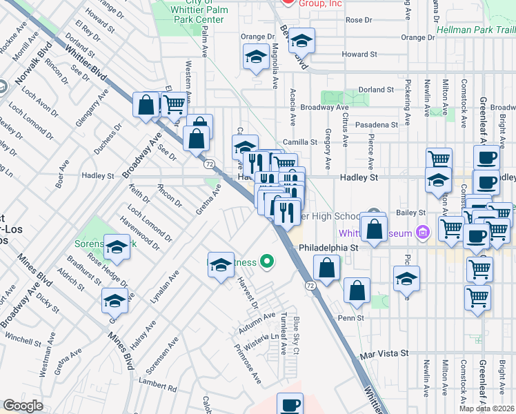 map of restaurants, bars, coffee shops, grocery stores, and more near 11760 Whittier Boulevard in Whittier