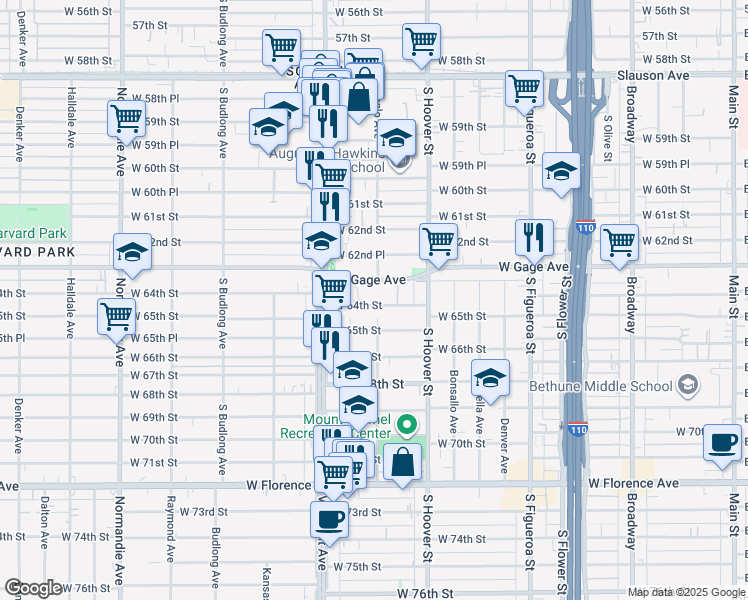 map of restaurants, bars, coffee shops, grocery stores, and more near 917 1/2 West 64th Street in Los Angeles