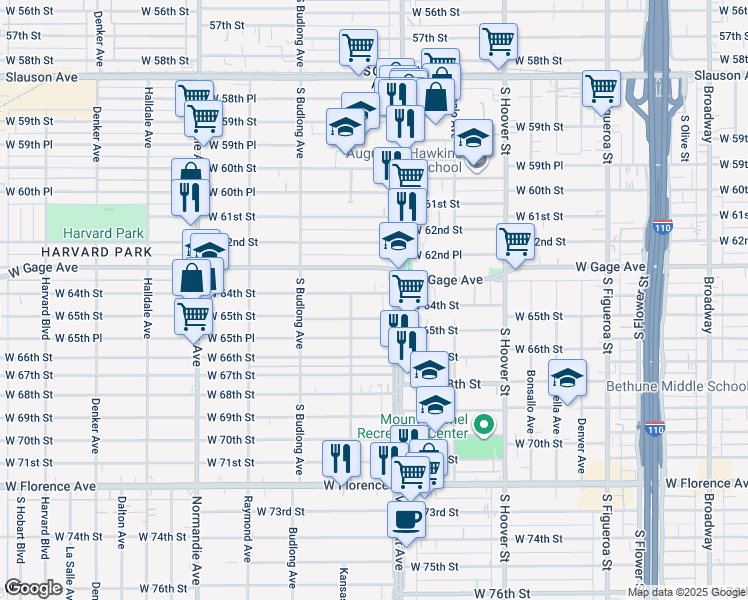 map of restaurants, bars, coffee shops, grocery stores, and more near 1034 West 64th Street in Los Angeles