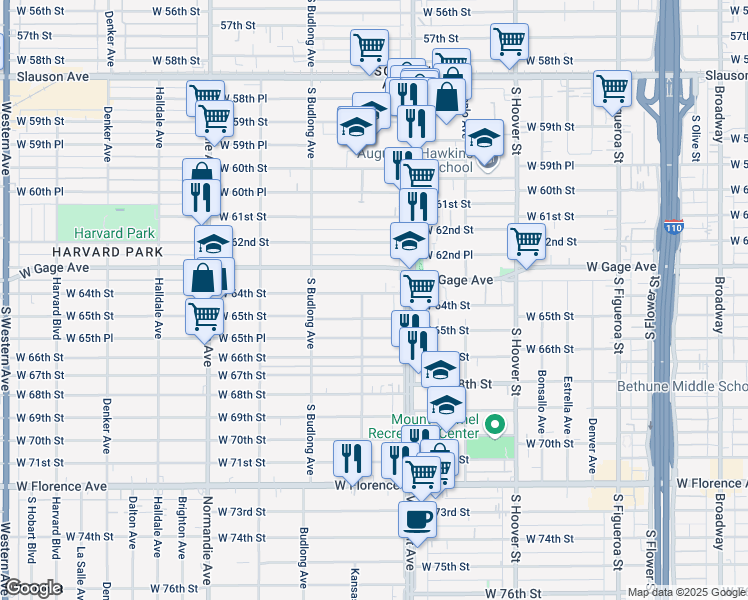 map of restaurants, bars, coffee shops, grocery stores, and more near 1034 West 64th Street in Los Angeles