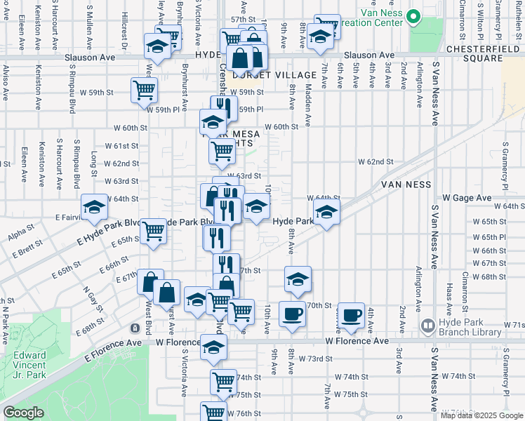 map of restaurants, bars, coffee shops, grocery stores, and more near 6428 11th Avenue in Los Angeles