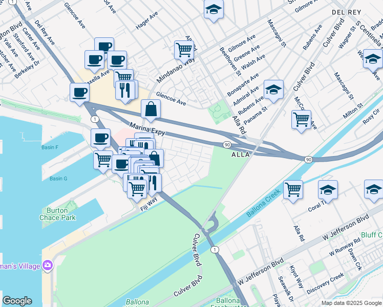 map of restaurants, bars, coffee shops, grocery stores, and more near 4771 La Villa Marina in Marina del Rey