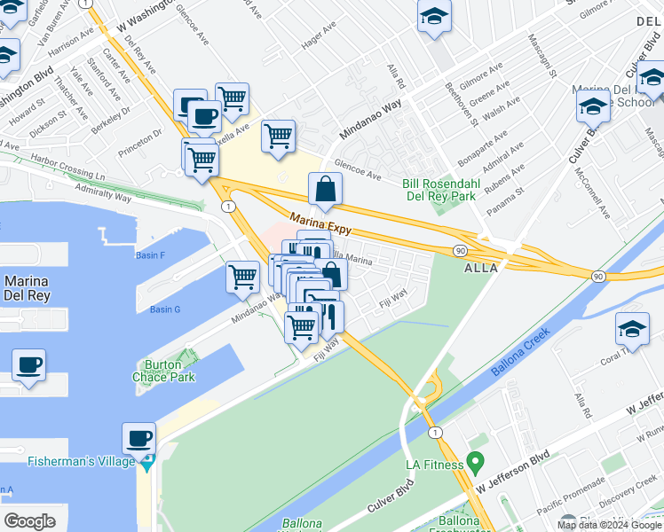 map of restaurants, bars, coffee shops, grocery stores, and more near 4727 La Villa Marina in Marina del Rey