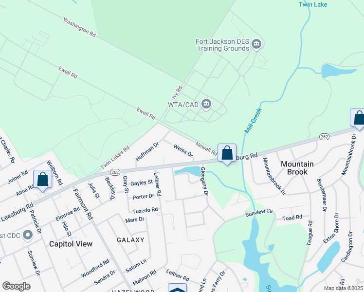 map of restaurants, bars, coffee shops, grocery stores, and more near 2233 Weiss Drive in Columbia