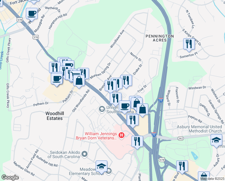 map of restaurants, bars, coffee shops, grocery stores, and more near 732 Cedar Terrace in Columbia