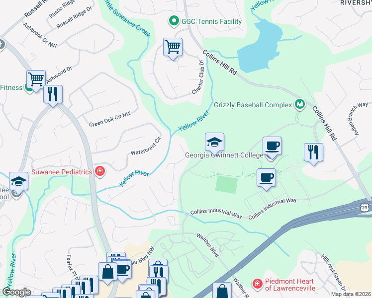 map of restaurants, bars, coffee shops, grocery stores, and more near 1167 Yellow River Drive in Lawrenceville