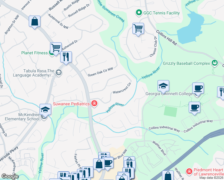 map of restaurants, bars, coffee shops, grocery stores, and more near 1524 Watercrest Circle in Lawrenceville