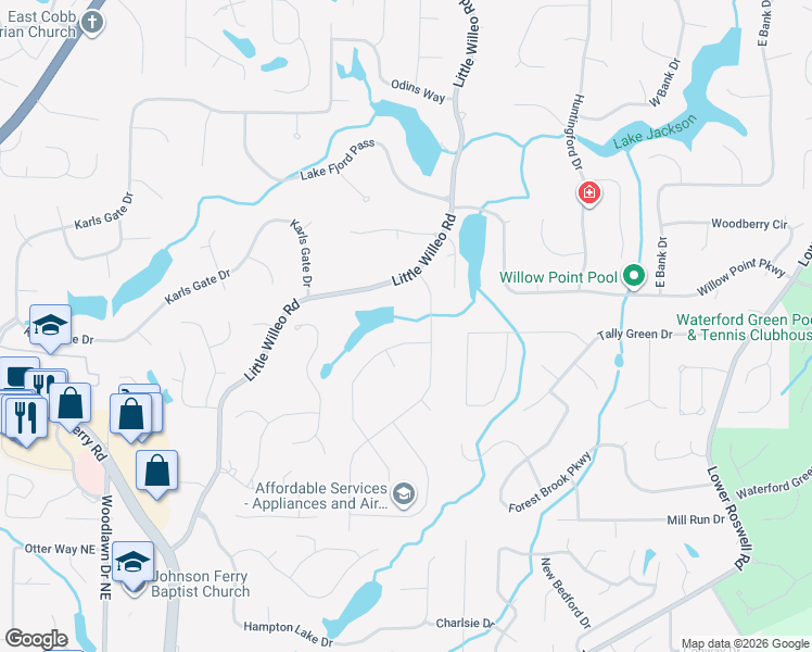 map of restaurants, bars, coffee shops, grocery stores, and more near 1355 Lake Colony Drive in Marietta
