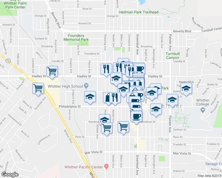 map of restaurants, bars, coffee shops, grocery stores, and more near 6553 Newlin Avenue in Whittier