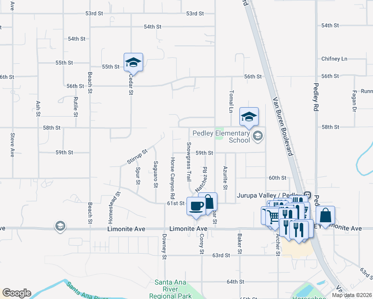 map of restaurants, bars, coffee shops, grocery stores, and more near 5895 Snowgrass Trail in Riverside