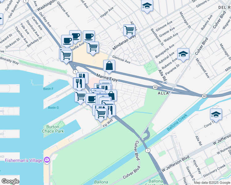 map of restaurants, bars, coffee shops, grocery stores, and more near 4737 La Villa Marina in Marina del Rey