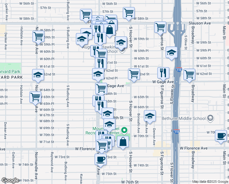 map of restaurants, bars, coffee shops, grocery stores, and more near 917 1/2 West 64th Street in Los Angeles