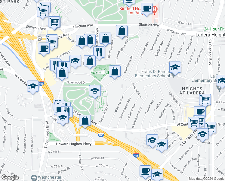 map of restaurants, bars, coffee shops, grocery stores, and more near 6300 Green Valley Circle in Culver City