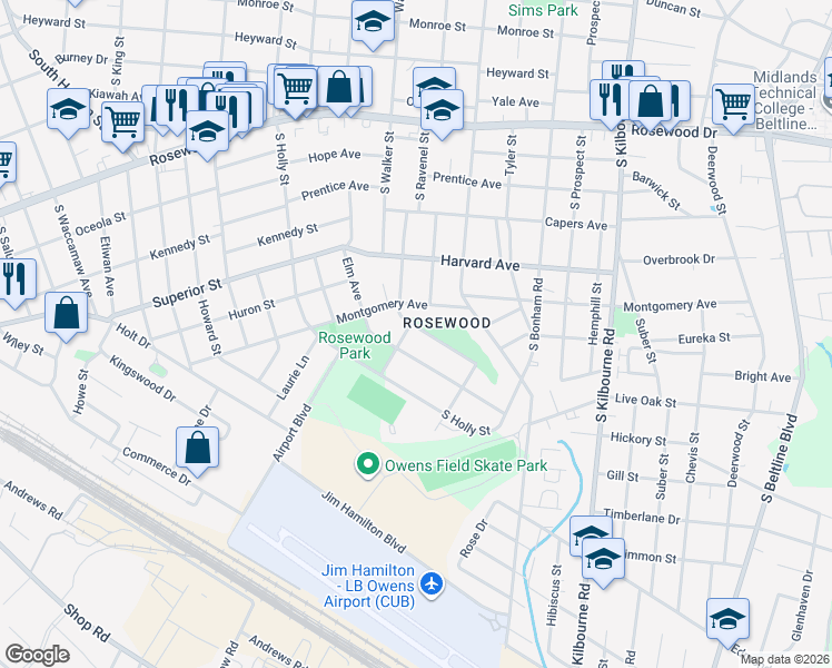 map of restaurants, bars, coffee shops, grocery stores, and more near 1000 Elm Avenue in Columbia