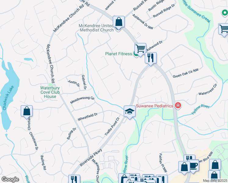 map of restaurants, bars, coffee shops, grocery stores, and more near 727 Regina Court Northwest in Lawrenceville