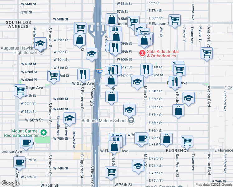 map of restaurants, bars, coffee shops, grocery stores, and more near 6406 South Broadway in Los Angeles