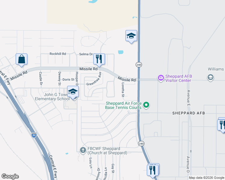 map of restaurants, bars, coffee shops, grocery stores, and more near 5342 Northview Drive in Wichita Falls