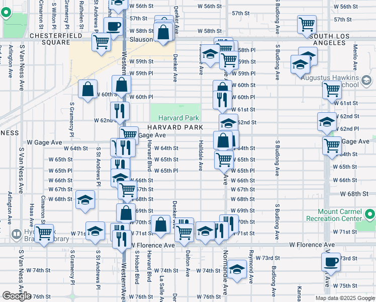 map of restaurants, bars, coffee shops, grocery stores, and more near 1530 West 64th Street in Los Angeles