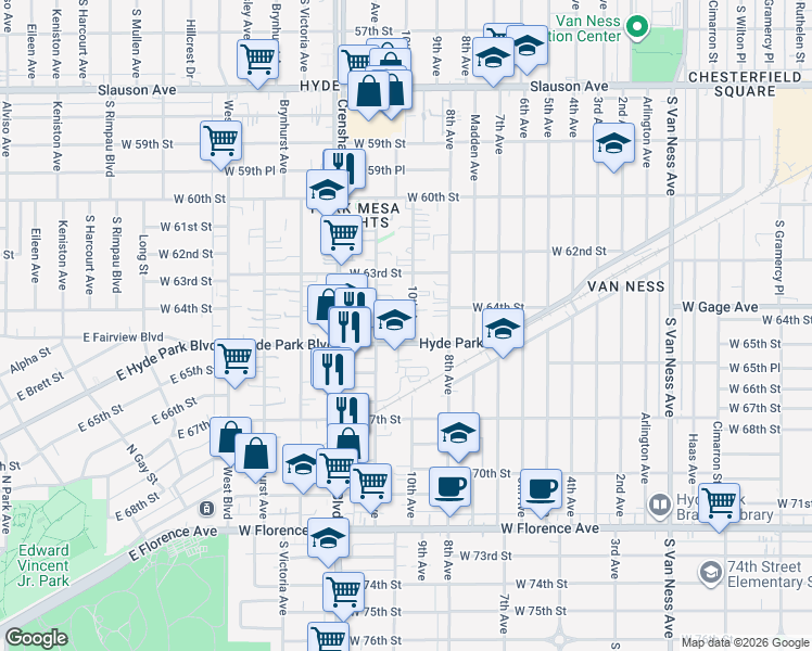 map of restaurants, bars, coffee shops, grocery stores, and more near 6419 10th Avenue in Los Angeles