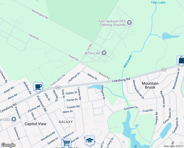 map of restaurants, bars, coffee shops, grocery stores, and more near 2233 Weiss Drive in Columbia
