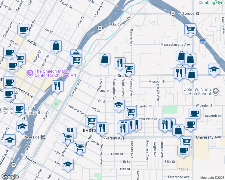 map of restaurants, bars, coffee shops, grocery stores, and more near 3409 Eucalyptus Avenue in Riverside
