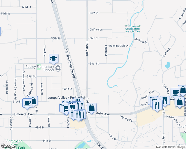 map of restaurants, bars, coffee shops, grocery stores, and more near 5878 Pedley Road in Riverside