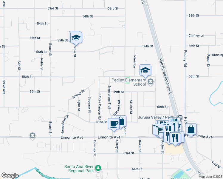 map of restaurants, bars, coffee shops, grocery stores, and more near 9245 59th Street in Riverside